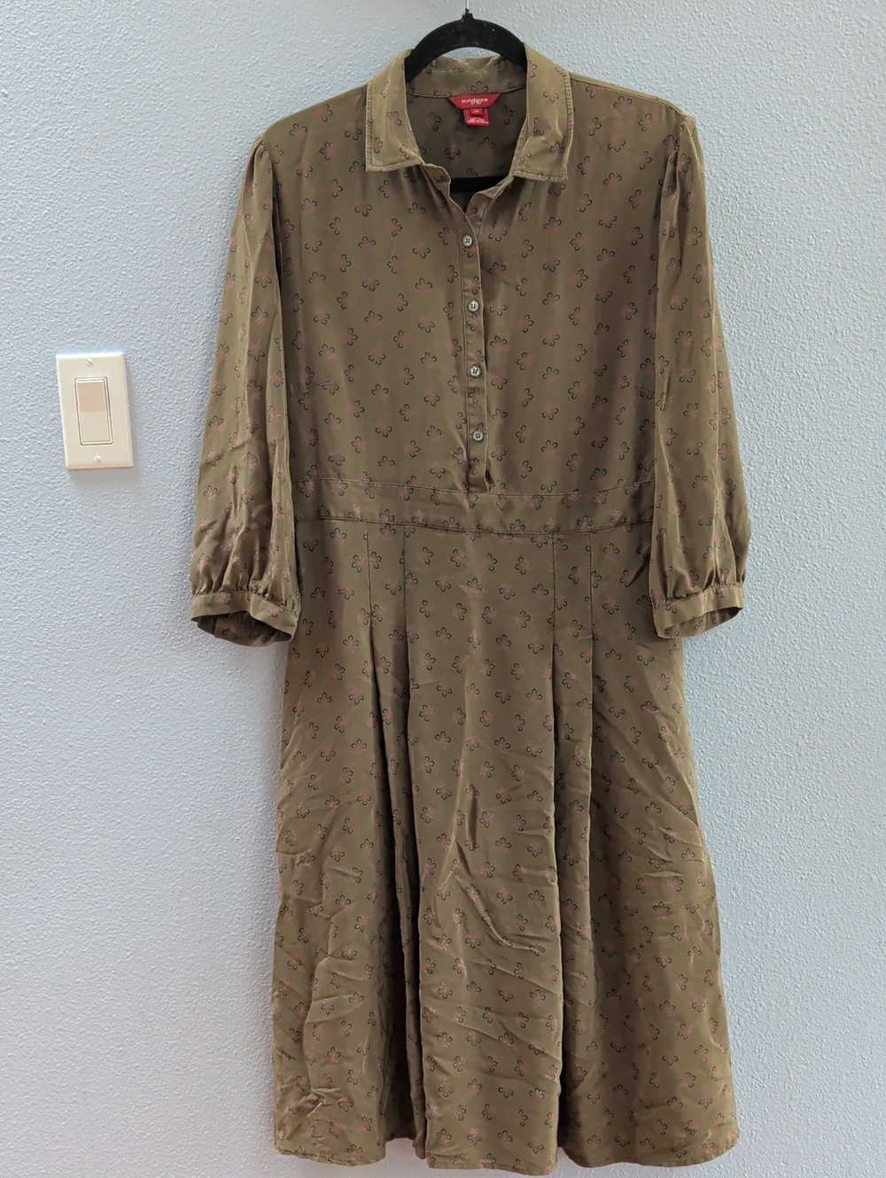 Sundance Silk Olive Green Floral Printed Button-Front Midi Dress